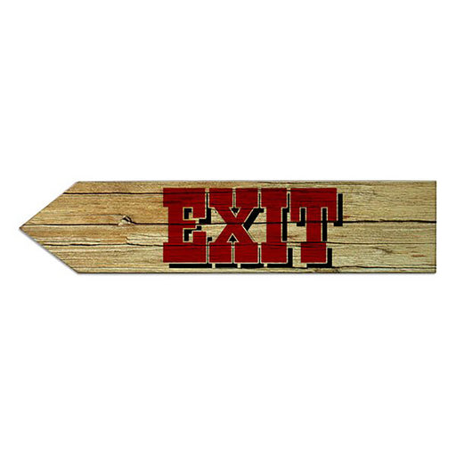 Wooden arrow-shaped exit sign with red text on a white background