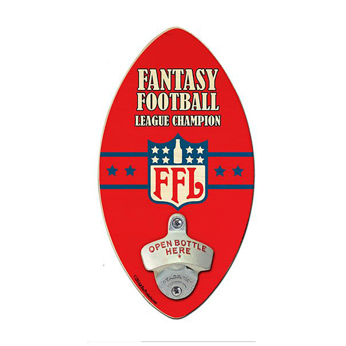 Red bottle opener with 'Fantasy Football League Champion' text on a white background