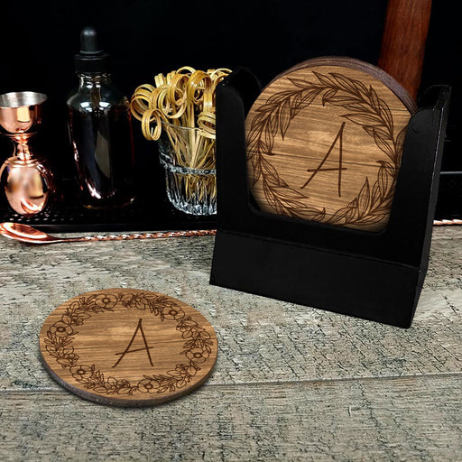 Wooden Square Coasters - Customizable - Wood Floral Monogram With Black Wooden Coaster Caddy