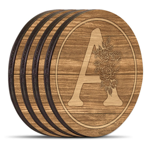 Wooden Round Coasters - Customizable - Floral Letter - Set of 4 W/ Coaster Caddy