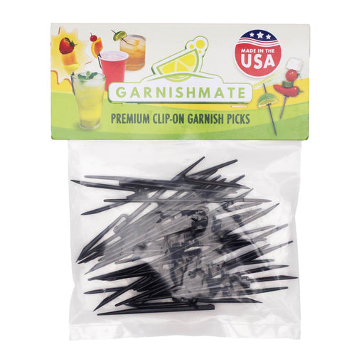 Pack of Garnishmate premium clip-on garnish picks with a colorful label on a white background.