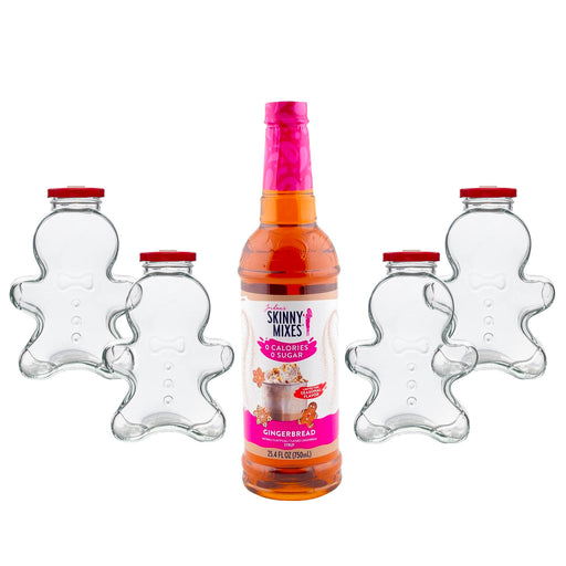 Bottle of Skinny Mixes Gingerbread syrup with four gingerbread-shaped glass bottles on a white background