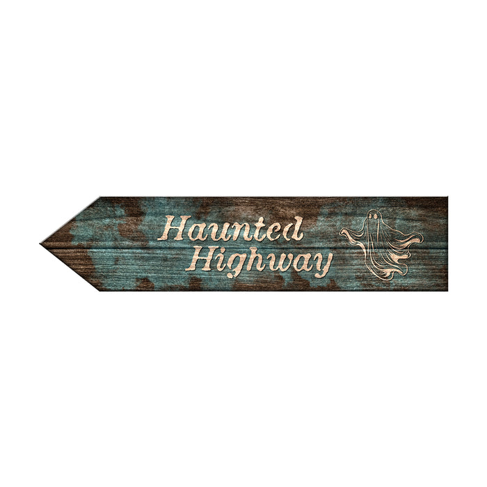 Wooden sign with 'Haunted Highway' text and ghost graphic on a white background