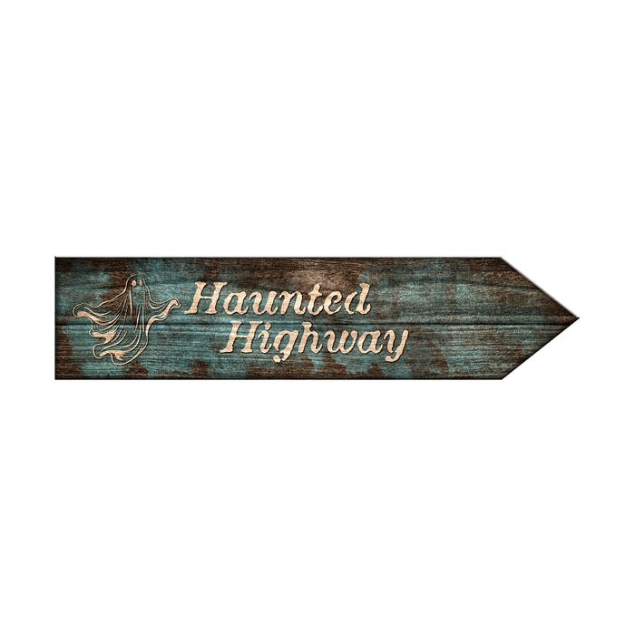Wooden sign with 'Haunted Highway' text on a white background