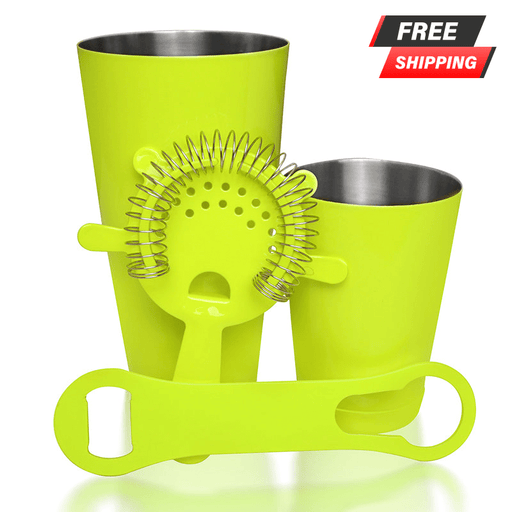 Two green cocktail shakers with a strainer on a white background, featuring free shipping text.