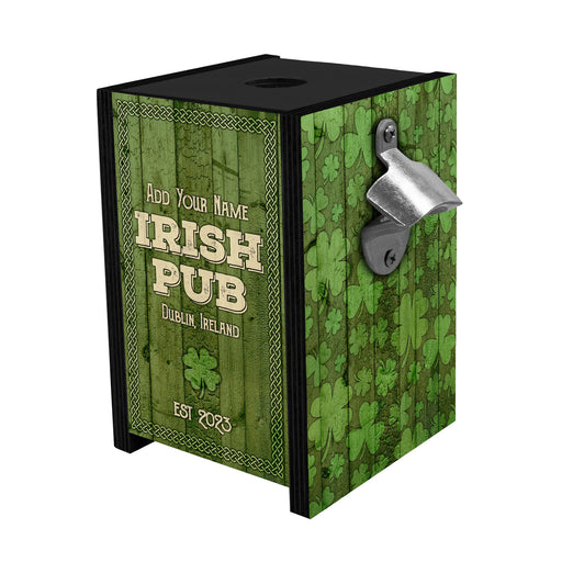 Wooden Bottle Cap Holder Box with Metal Bottle Opener - Black Stain - Irish Pub Design