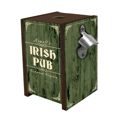 Wooden Bottle Cap Holder Box with Metal Bottle Opener - Walnut Stain - Custom Irish Pub Design