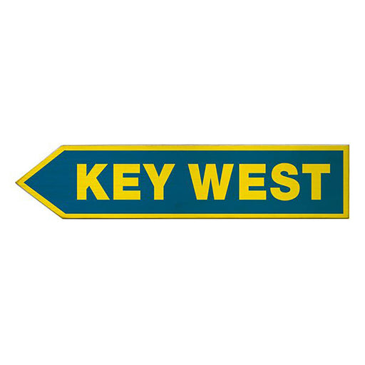 Directional sign pointing to 'Key West' with a blue background and yellow text.