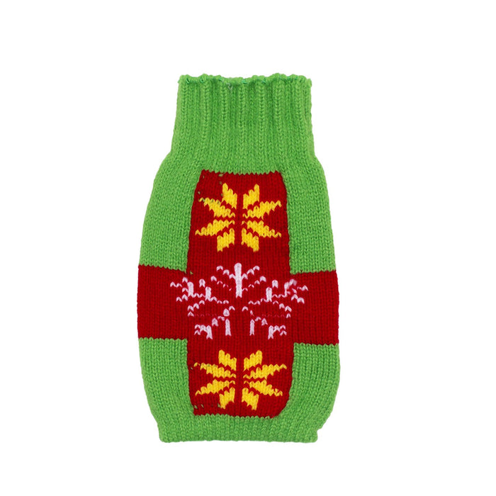 Green and red knitted dog sweater with a pattern on a white background
