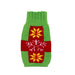 Green and red knitted dog sweater with a pattern on a white background