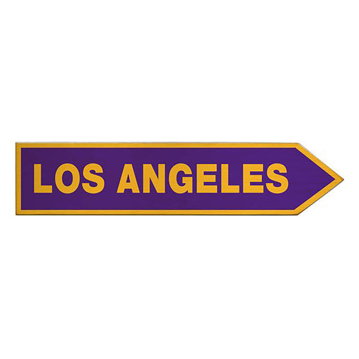 Purple arrow sign with 'Los Angeles' in yellow on a white background