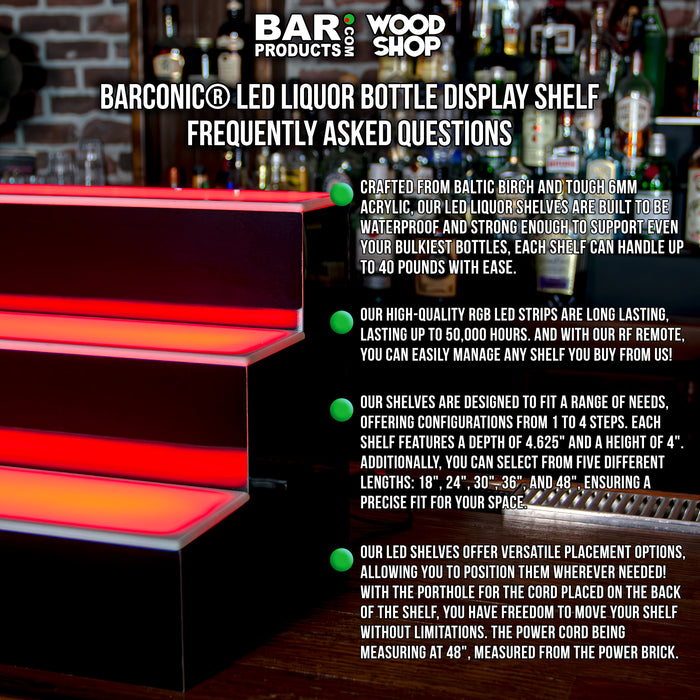Bar liquor display shelf with text about Baronic LED liquor bottle display shelf features.