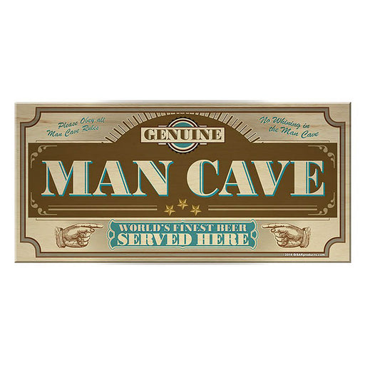 Decorative sign with 'Man Cave' text and vintage design elements on a white background