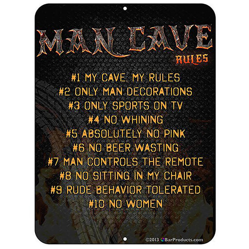 Man Cave Rules sign with text on a dark background