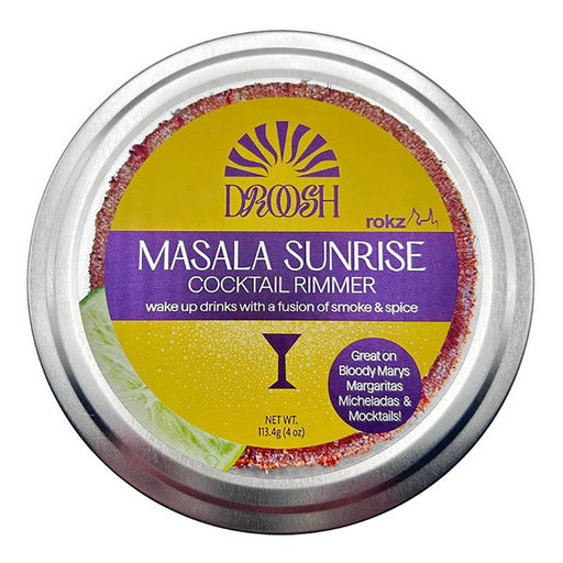 Masala Sunrise cocktail rimmer packaging with yellow and purple label on a white background