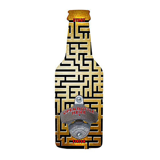 Bottle-shaped bottle opener with maze design on a white background