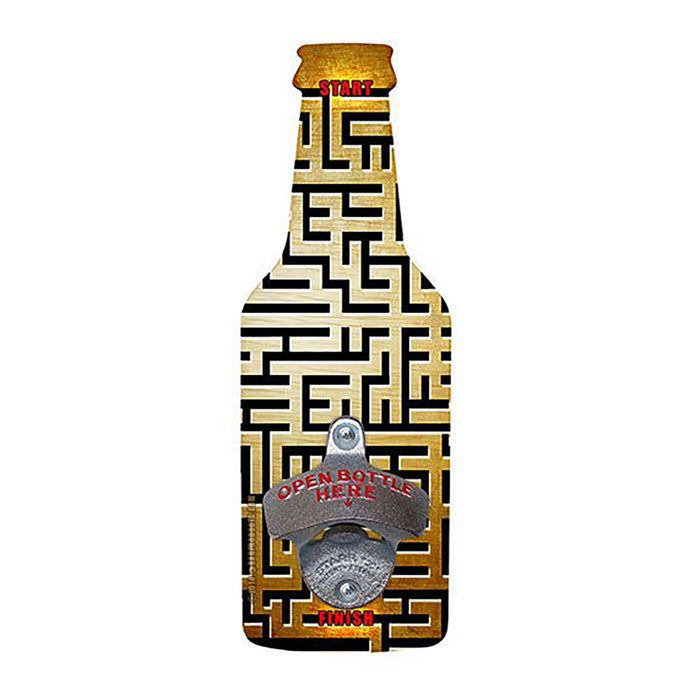 Bottle-shaped bottle opener with maze design on a white background