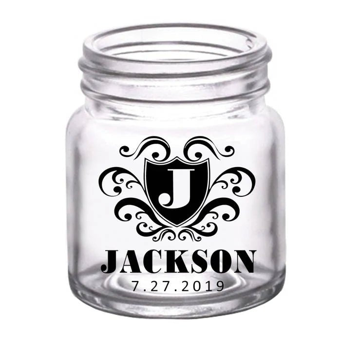 CUSTOMIZABLE - 2oz Clear Mini Mason Jar Shot Glass - Crest (Version 3) - 12 Count