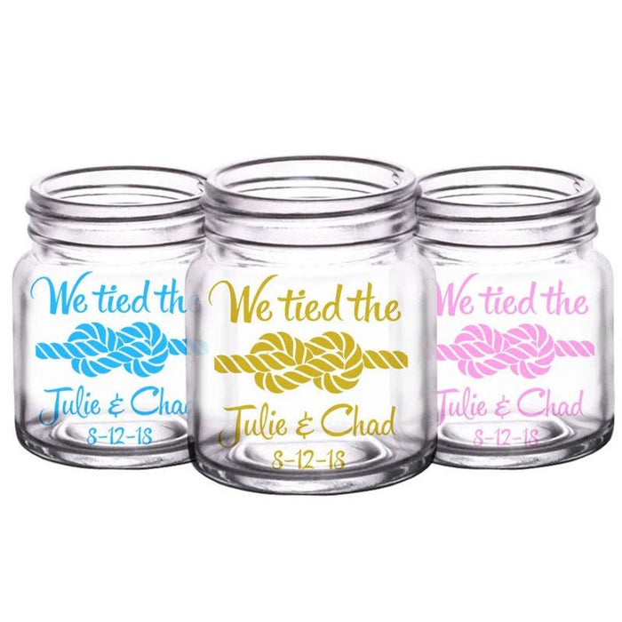 CUSTOMIZABLE - 2oz Clear Mini Mason Jar Shot Glass - Tied The Knot - 12 Count