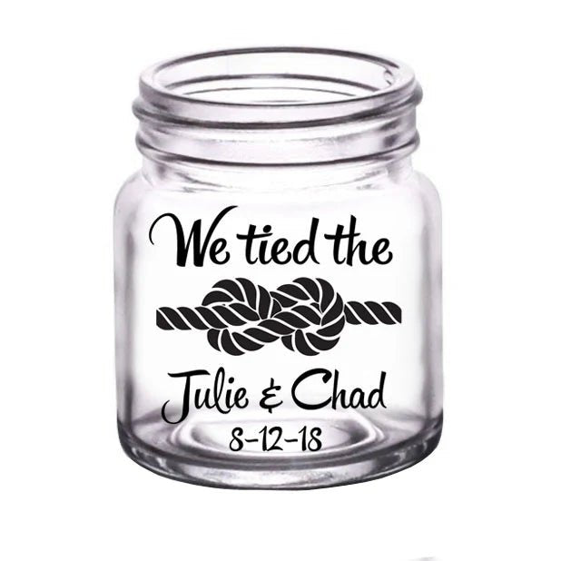 CUSTOMIZABLE - 2oz Clear Mini Mason Jar Shot Glass - Tied The Knot - 12 Count
