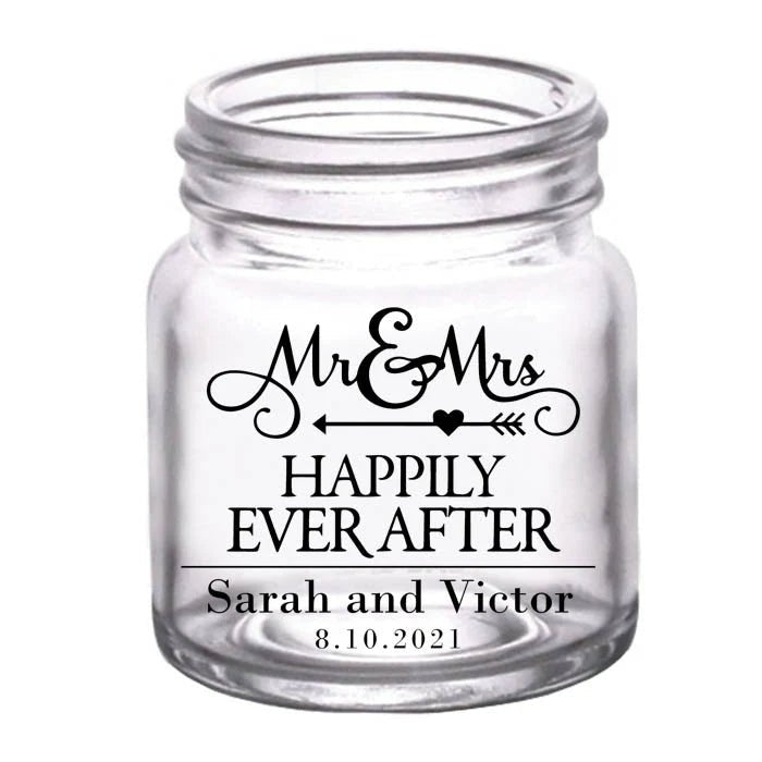 CUSTOMIZABLE - 2oz Clear Mini Mason Jar Shot Glass - Mr. and Mrs. Happily - 12 Count