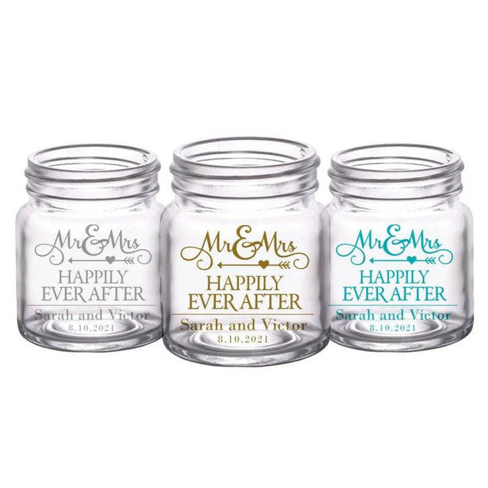 CUSTOMIZABLE - 2oz Clear Mini Mason Jar Shot Glass - Mr. and Mrs. Happily - 12 Count