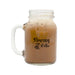 Mason jar with iced coffee and 'Mourning Coffee' logo on a white background