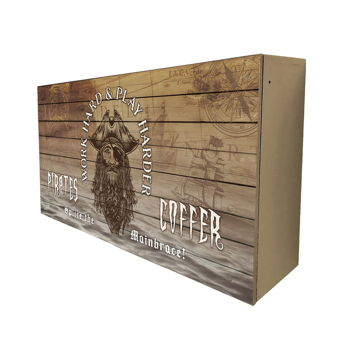 Wooden chest with pirate-themed design and text on a white background