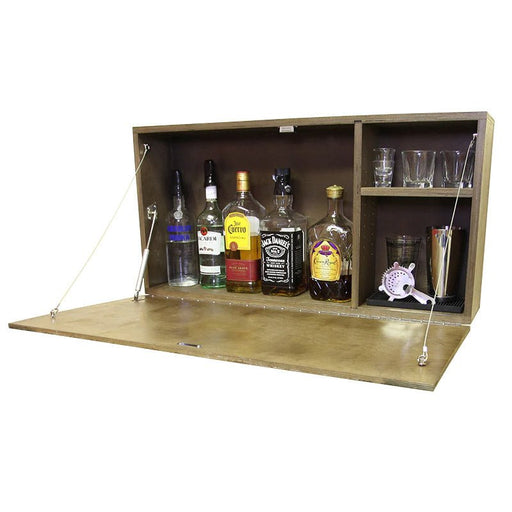Wooden bar cabinet with liquor bottles and glasses on a white background