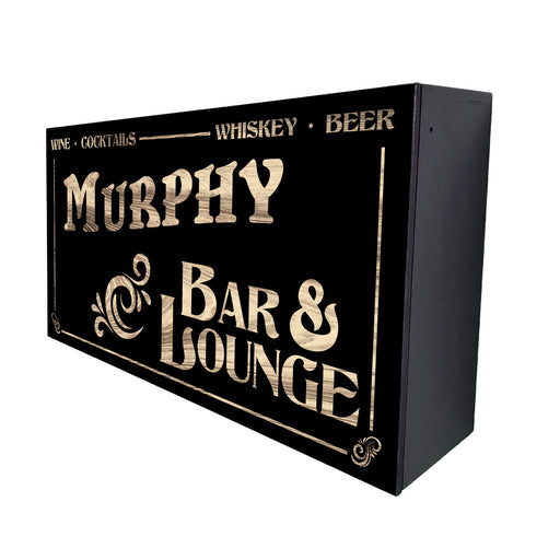 Black sign with gold text 'Murphy Bar & Lounge' on a white background
