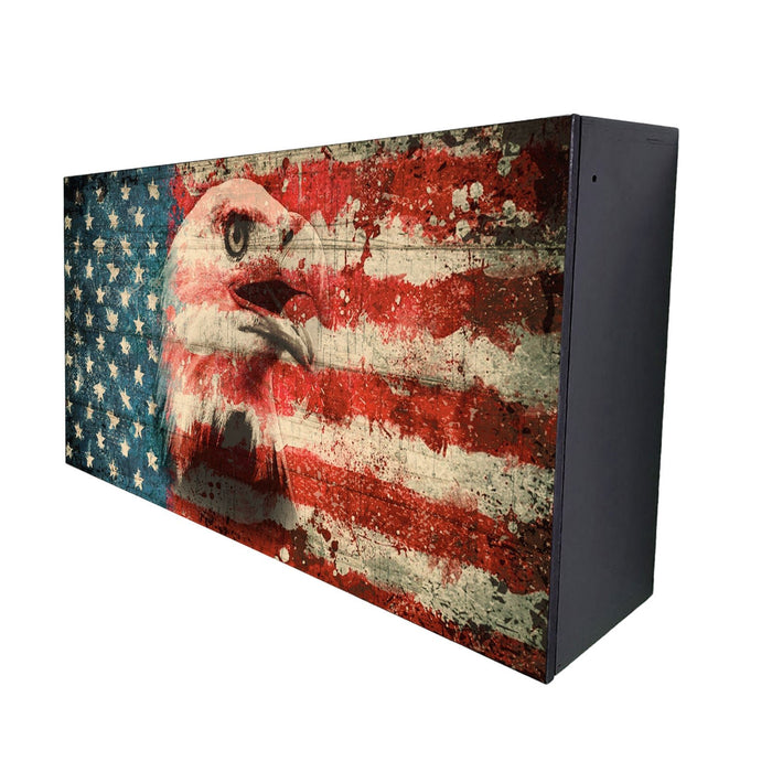 Rectangular box with American flag and bald eagle design on a white background
