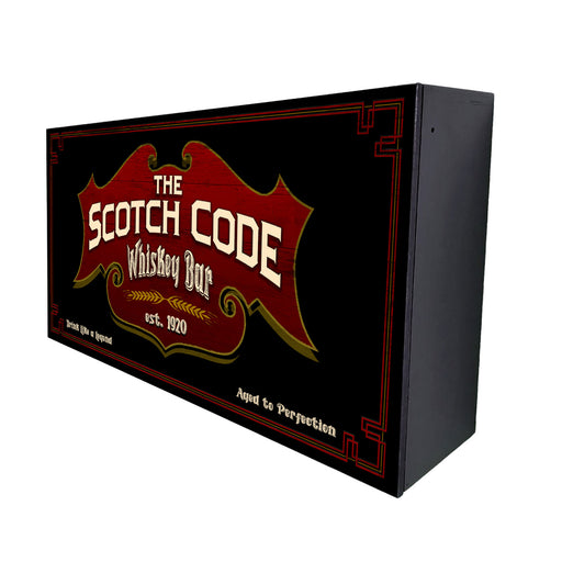 Black box with 'The Scotch Code Whiskey Bar' branding on a white background