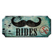 Vintage-style sign with a mustache graphic and text on a white background