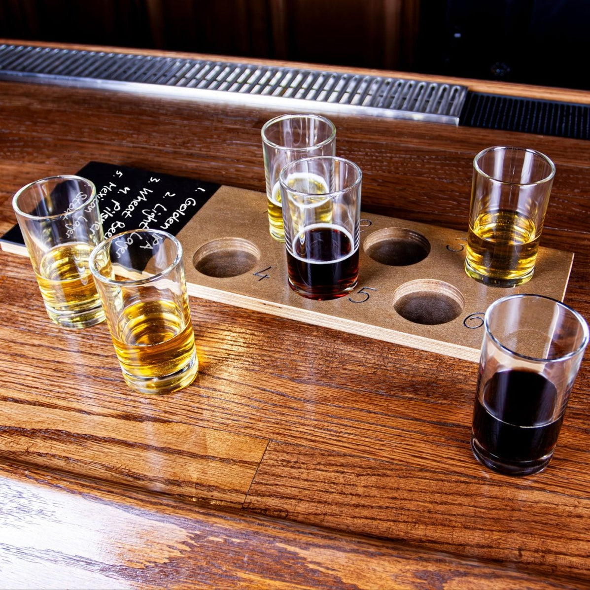 6 Numbered Beer Flight with Walnut Finish and Chalk Strip - Includes 5 ...
