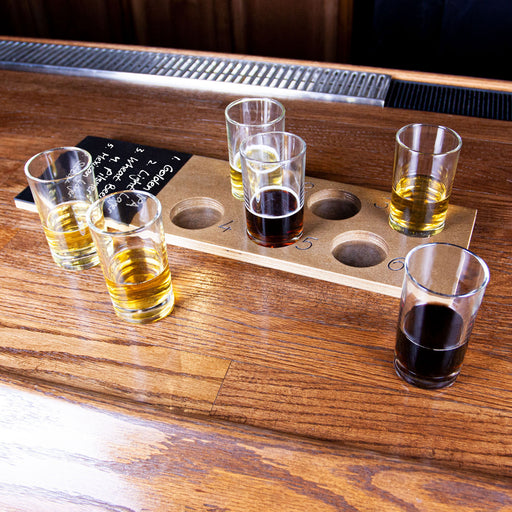 6 Numbered Beer Flight with Walnut Finish and Chalk Strip - Includes 5.5oz Highball Glasses