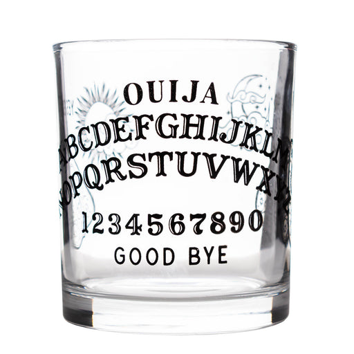 A clear glass rocks tumbler featuring a black printed Ouija board design with letters, numbers, and the words 'GOOD BYE' on a white background.