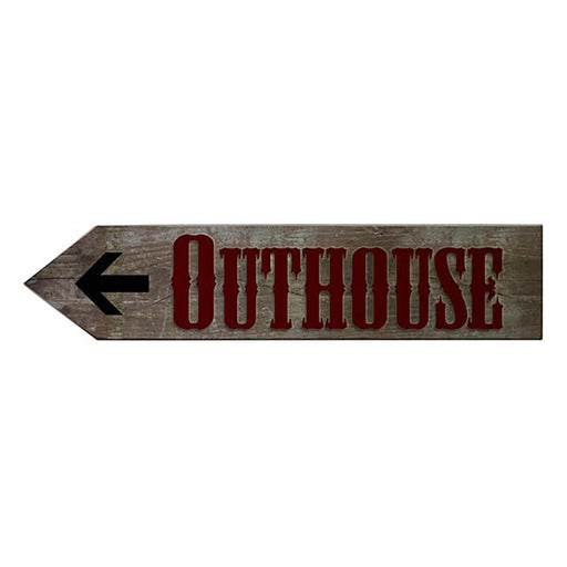 Wooden sign with 'Outhouse' text and arrow on a white background
