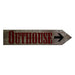 Wooden sign with 'Outhouse' text and arrow on a white background