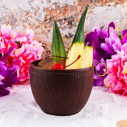 Plastic Coconut Cup with Colorful Flower Straw - Pack of 12