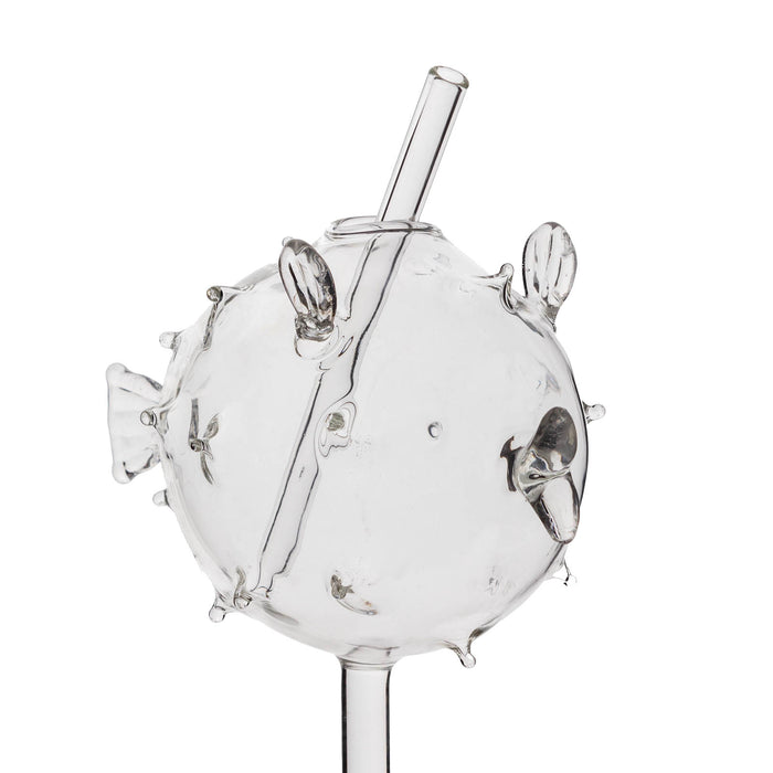 Clear glass drink container with unique design on a white background