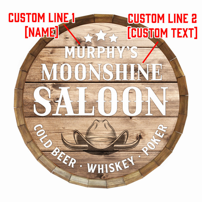 Custom Moonshine Saloon Themed Barrel Top Tavern Sign