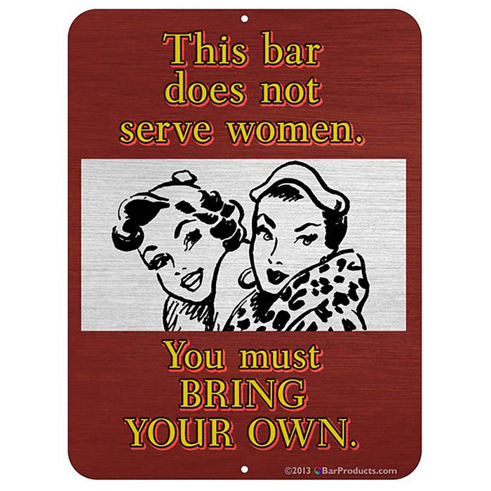 Sign with vintage-style illustration and text on a red background