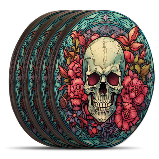 Wooden Round Coasters - Multiple Stained Glass Skulls Design 1