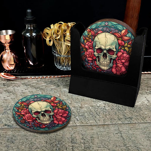 Wooden Round Coasters - Multiple Stained Glass Skulls Design 1 W/ Coaster Caddy