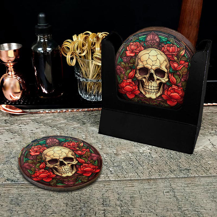 Wooden Round Coasters - Multiple Stained Glass Skulls Design 3 W/ Coaster Caddy