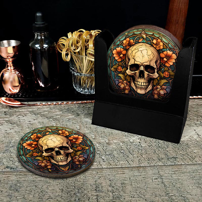 Wooden Round Coasters - Multiple Stained Glass Skulls Design 8 W/ Coaster Caddy