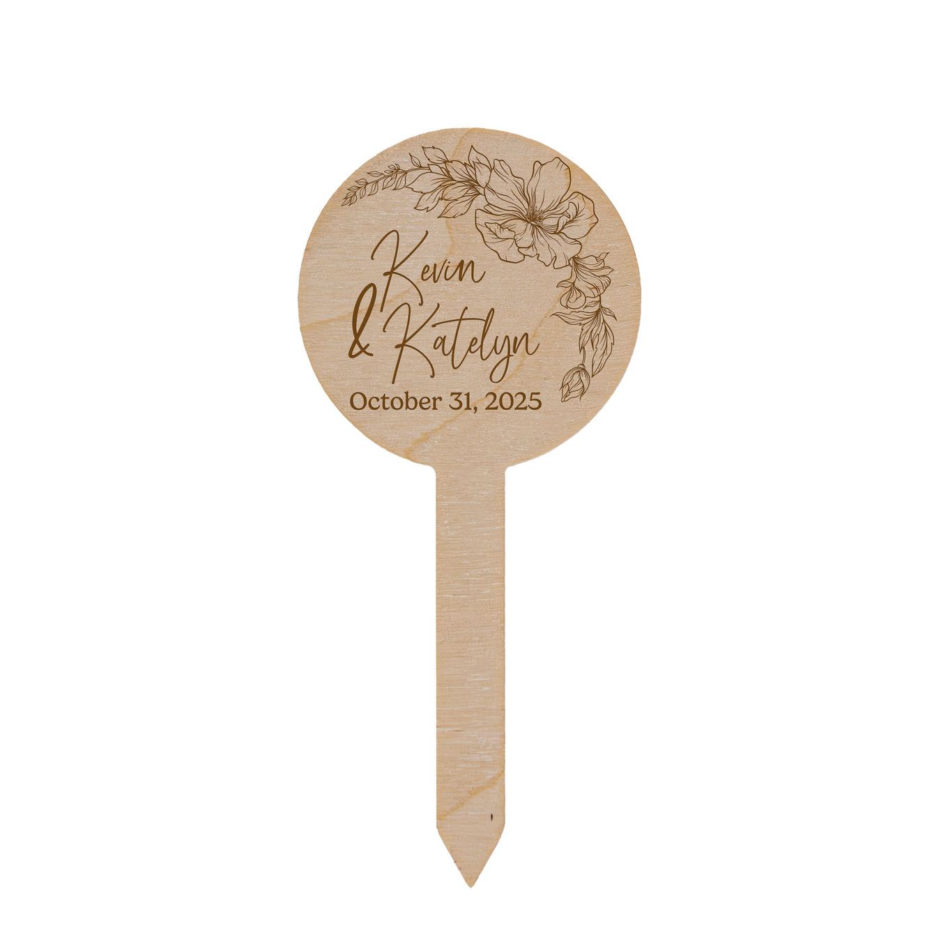 Wooden Planter Tag with engraved text and floral design on a white background