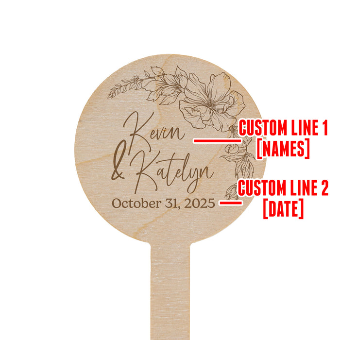 Wooden Planter Tag with engraved text and floral design on a white background