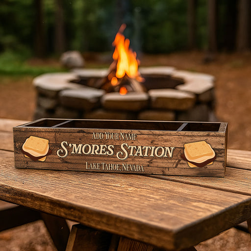 Wooden sign labeled 'S'mores Station' with a campfire in the background