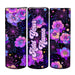 Three views of a cylindrical can cooler or tumbler wrap featuring a vibrant neon floral and spiderweb pattern on a black background, with customizable text reading 'Add Your Name' on the center view.
